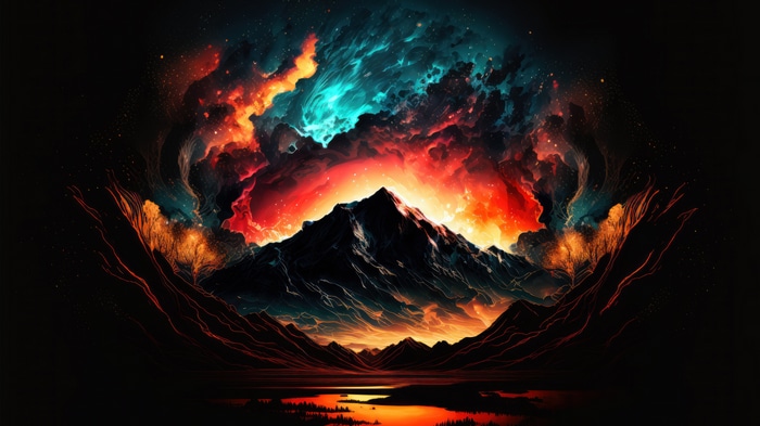 Mountain peak with fiery nebula sky 4K