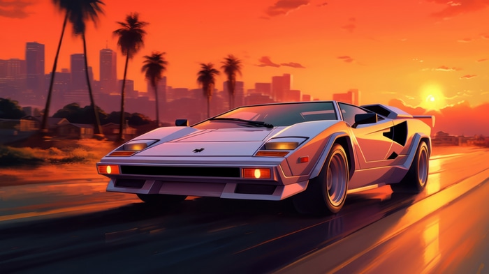 White Lamborghini Countach driving at sunset with city skyline