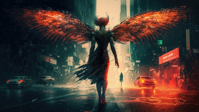 Demon girl with fiery wings in a futuristic city