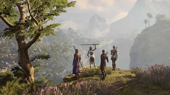 Four adventurers on a cliff overlooking a misty canyon