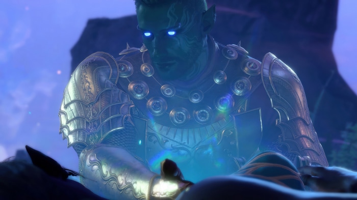 Drow Knight with glowing blue eyes in 4K