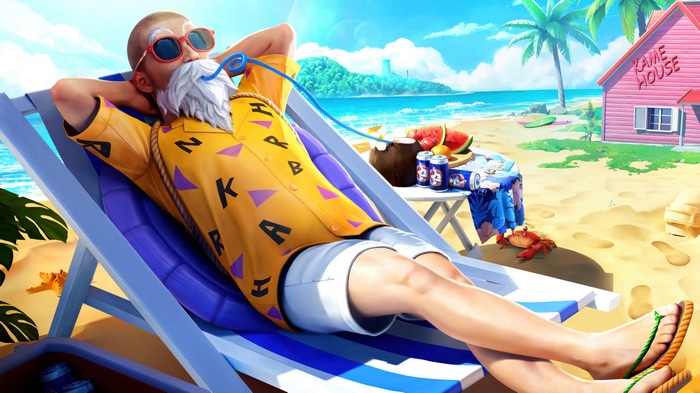 Master Roshi relaxing on a beach
