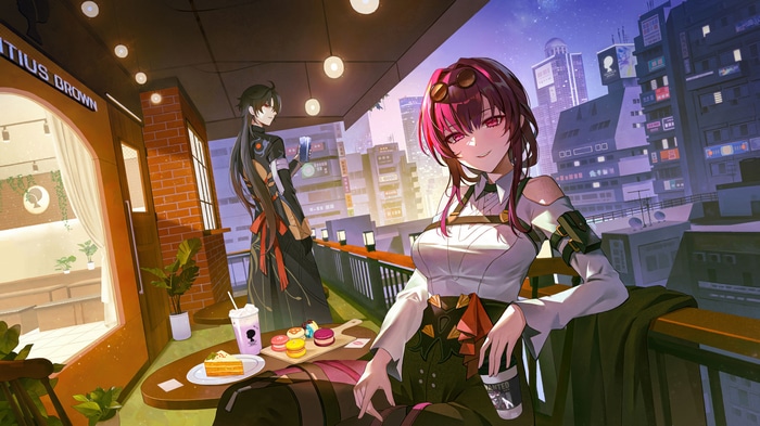 Kafka and Blade from Honkai: Star Rail on a balcony