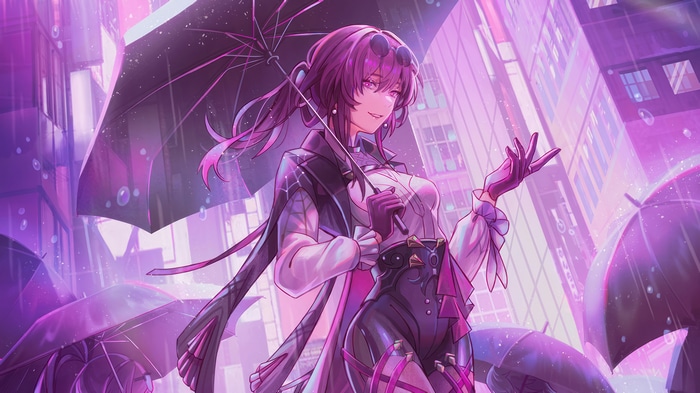 Kafka from Honkai: Star Rail in the rain