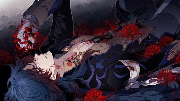 Blade from Honkai: Star Rail lying down with red spider lilies