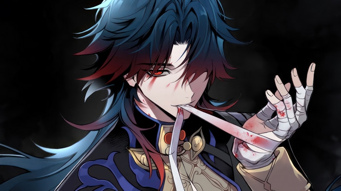 Blade from Honkai: Star Rail with a bloody blade