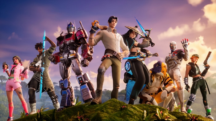 Fortnite characters and Optimus Prime on a hill