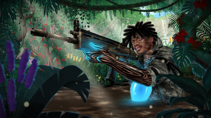 Fortnite character with futuristic rifle in jungle