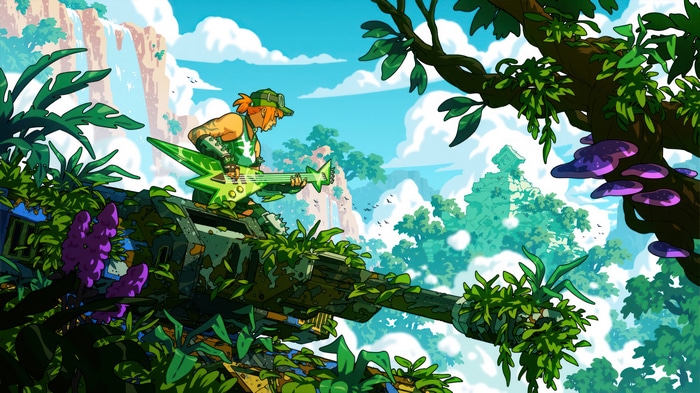 Fortnite character playing a green guitar on a tank