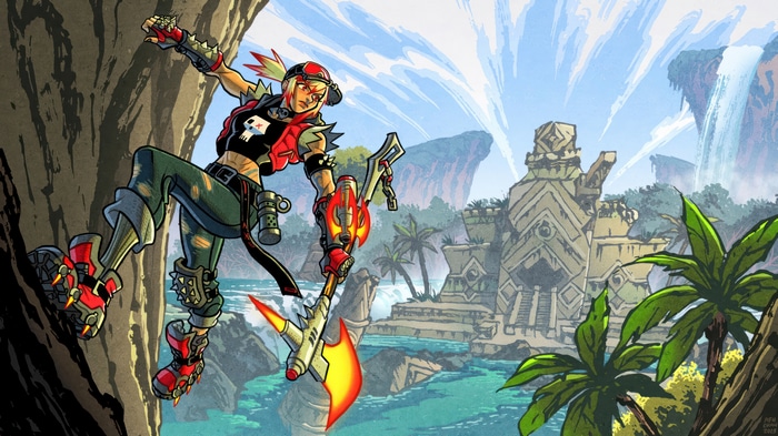 Fortnite character climbing a cliff with a fiery axe