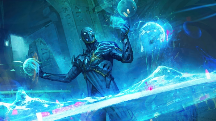 Fortnite character manipulating blue energy orbs