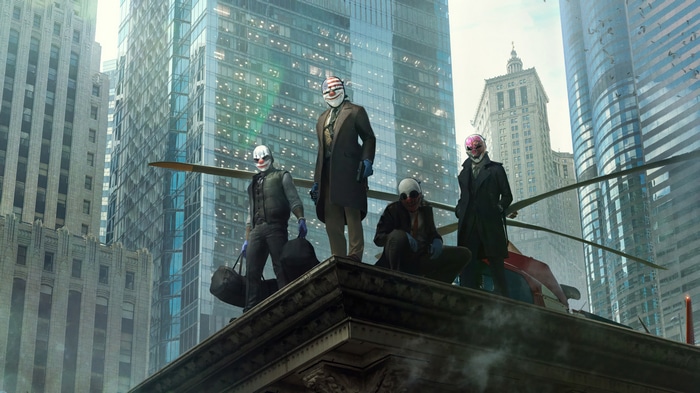 PAYDAY 3 characters on a rooftop with helicopter