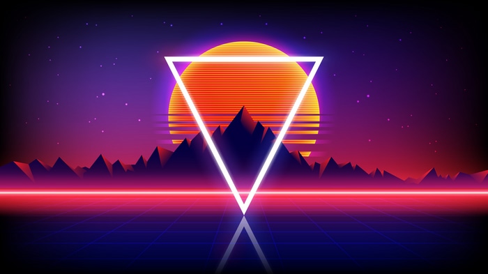 Retrowave Sunset with Neon Triangle and Mountains 4K