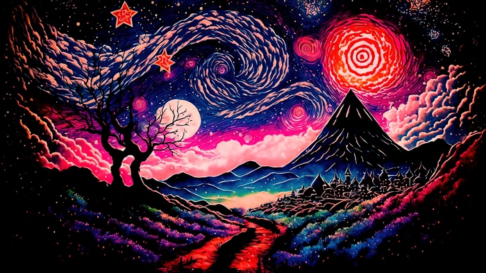 Colorful Starry Night Landscape with Mountains and Village 4K