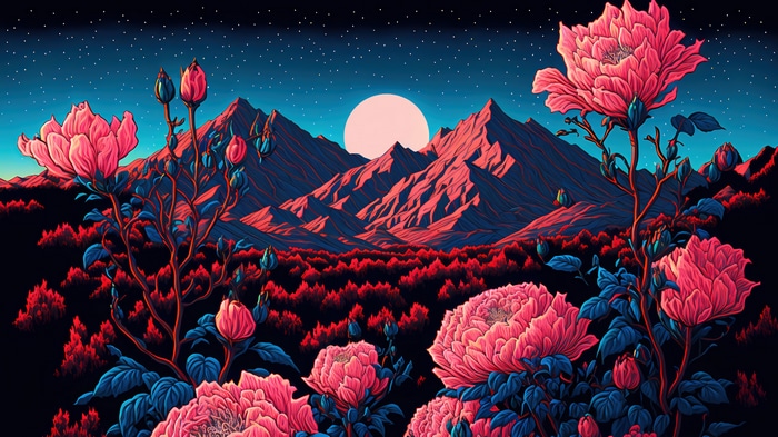 Pink Flowers and Mountains Under the Moon 4K