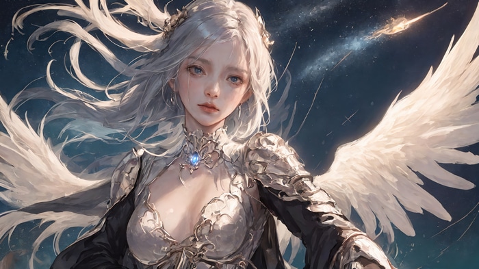 Anime Angel Girl with White Wings in Space 4K