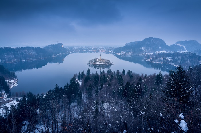 Lake Bled Island Church in Winter