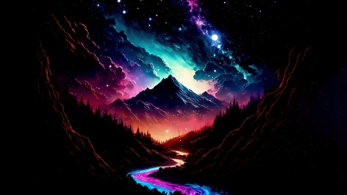 Colorful Night Sky Over Mountains and Valley 4K