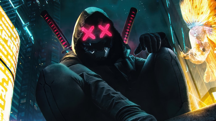 Cyberpunk Ninja with Katana and Neon Mask