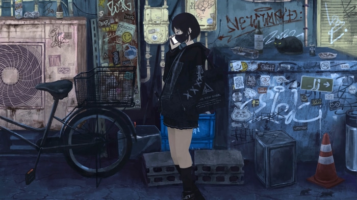 Anime girl in alley with bicycle and black cat