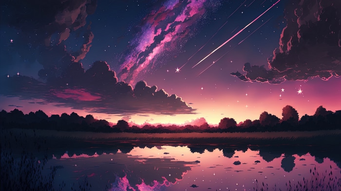Anime Sunset with Shooting Stars and Reflection