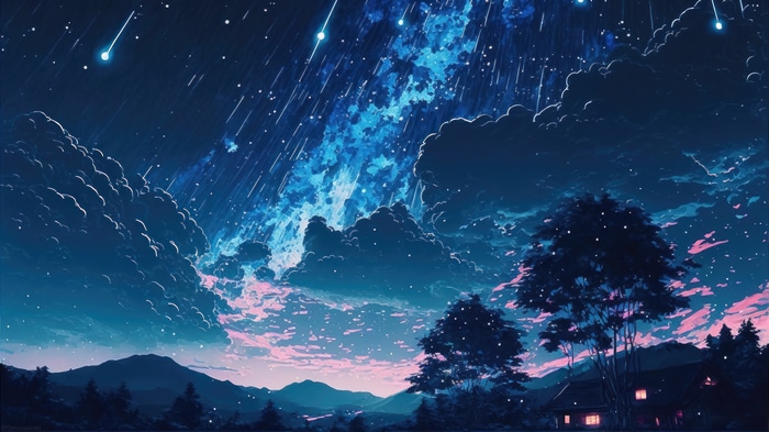 Anime Night Sky with Meteor Shower and Clouds 4K