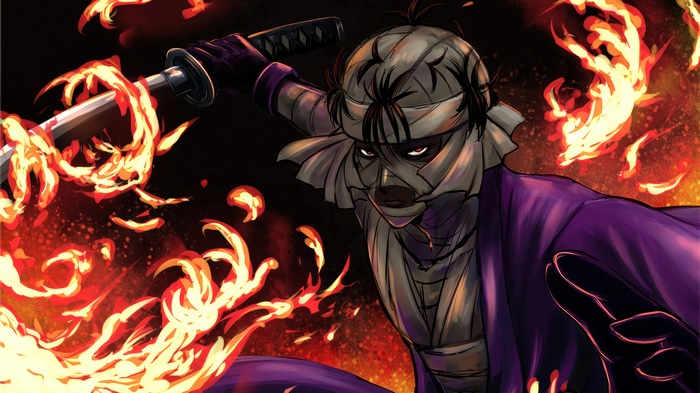 Makoto Shishio with Katana surrounded by Flames