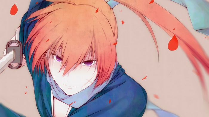 Kenshin Himura with sword and red petals