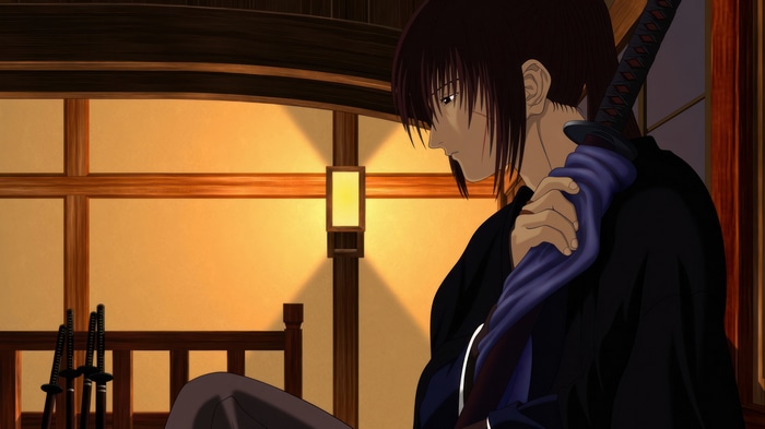 Kenshin Himura with sword in traditional Japanese room 4K