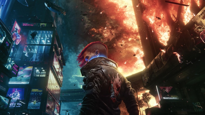 Cyberpunk 2077 V in a burning city