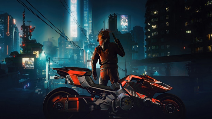 Cyberpunk 2077 character on a motorcycle in a city