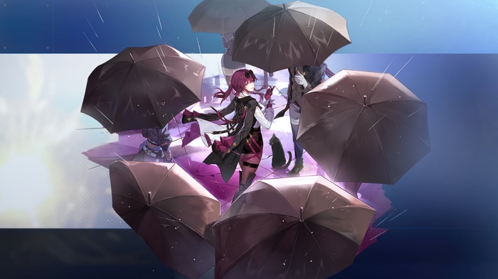 Kafka and others under umbrellas in the rain