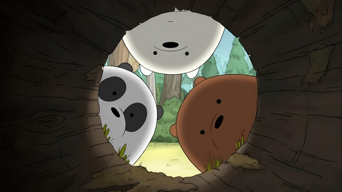 We Bare Bears looking through a log