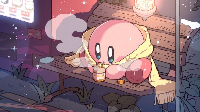 Kirby sitting on a bench with a drink