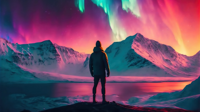 Man watching colorful aurora over snowy mountains 4K