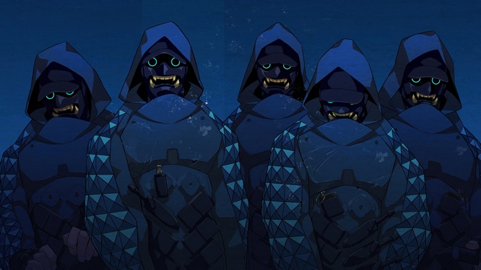 Five ninjas in blue hooded robes with masks