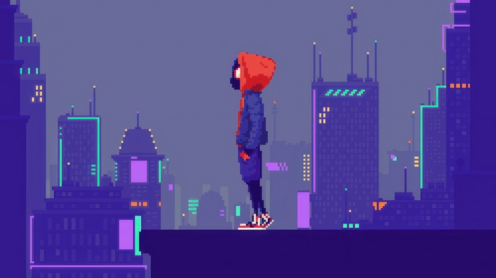Miles Morales in Pixel Art Cityscape 4K