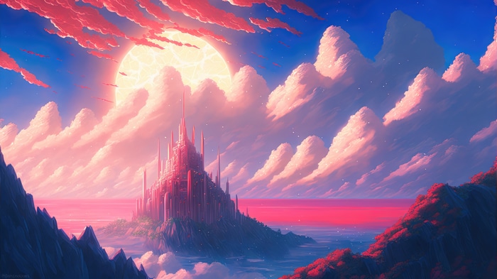 Fantasy Castle on Island with Sun and Clouds 4K