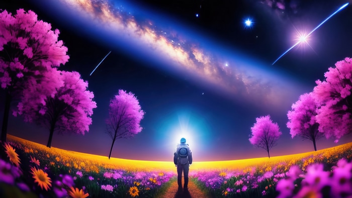 Astronaut in a colorful alien field with galaxy sky
