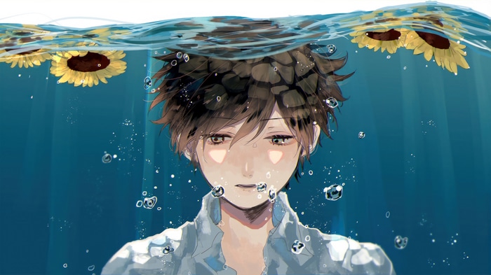 Anime boy underwater with sunflowers 4K