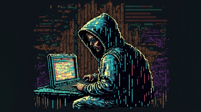 Hacker working on a laptop in digital art style