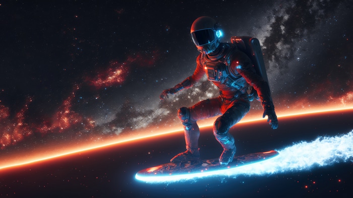 Astronaut surfing in space with nebulae