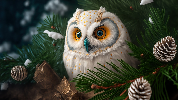 White owl with golden spots on pine branches