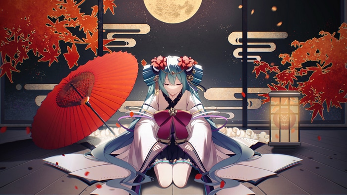 Hatsune Miku in Kimono with Red Umbrella and Moon