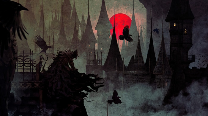 Bloodborne 4K: A dark figure and crows in a gothic city