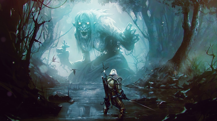 Geralt of Rivia faces a monster in a swamp