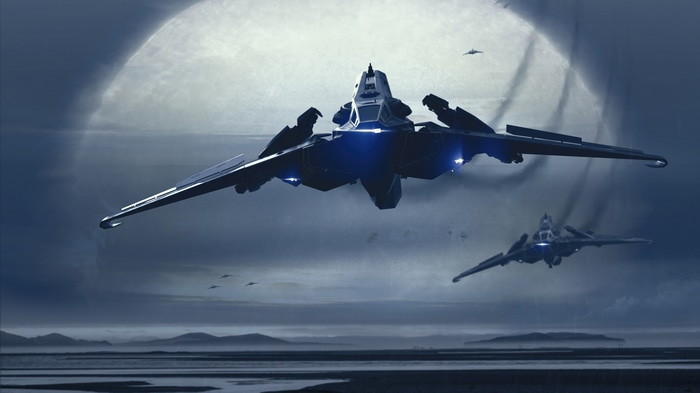 Star Citizen fighter ships flying near a large moon