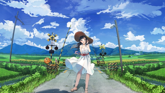 Anime Girl in White Dress at Sunflower Field Crossing
