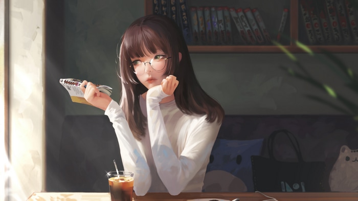 Anime girl with glasses reading in a cafe 4K