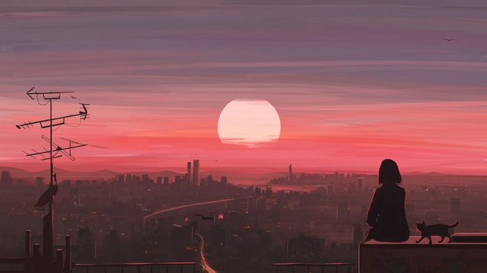 Anime girl and cat watch sunset over city 4K
